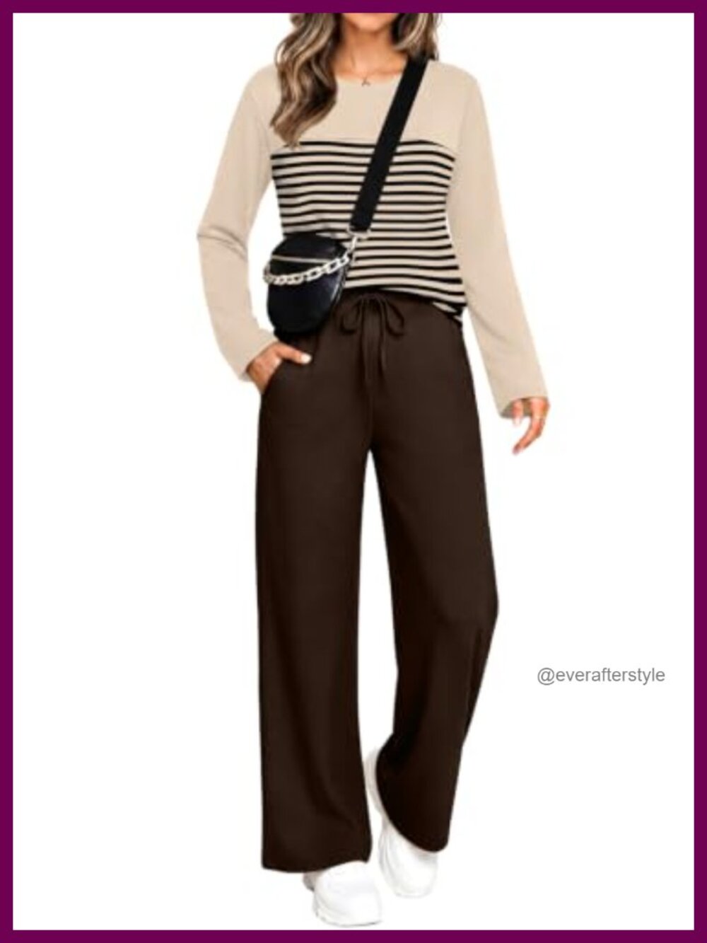 Two Piece Set Women Long Sleeve Crew Neck Top Wide Leg Pants Lounge